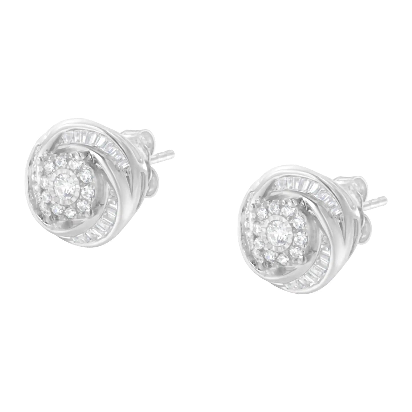.925 Sterling Silver 3/4 Cttw Round and Baguette-Cut Diamond Love Knot Stud Earring (I-J Color, I2-I3 Clarity) WEM Support (www.WEM.support)