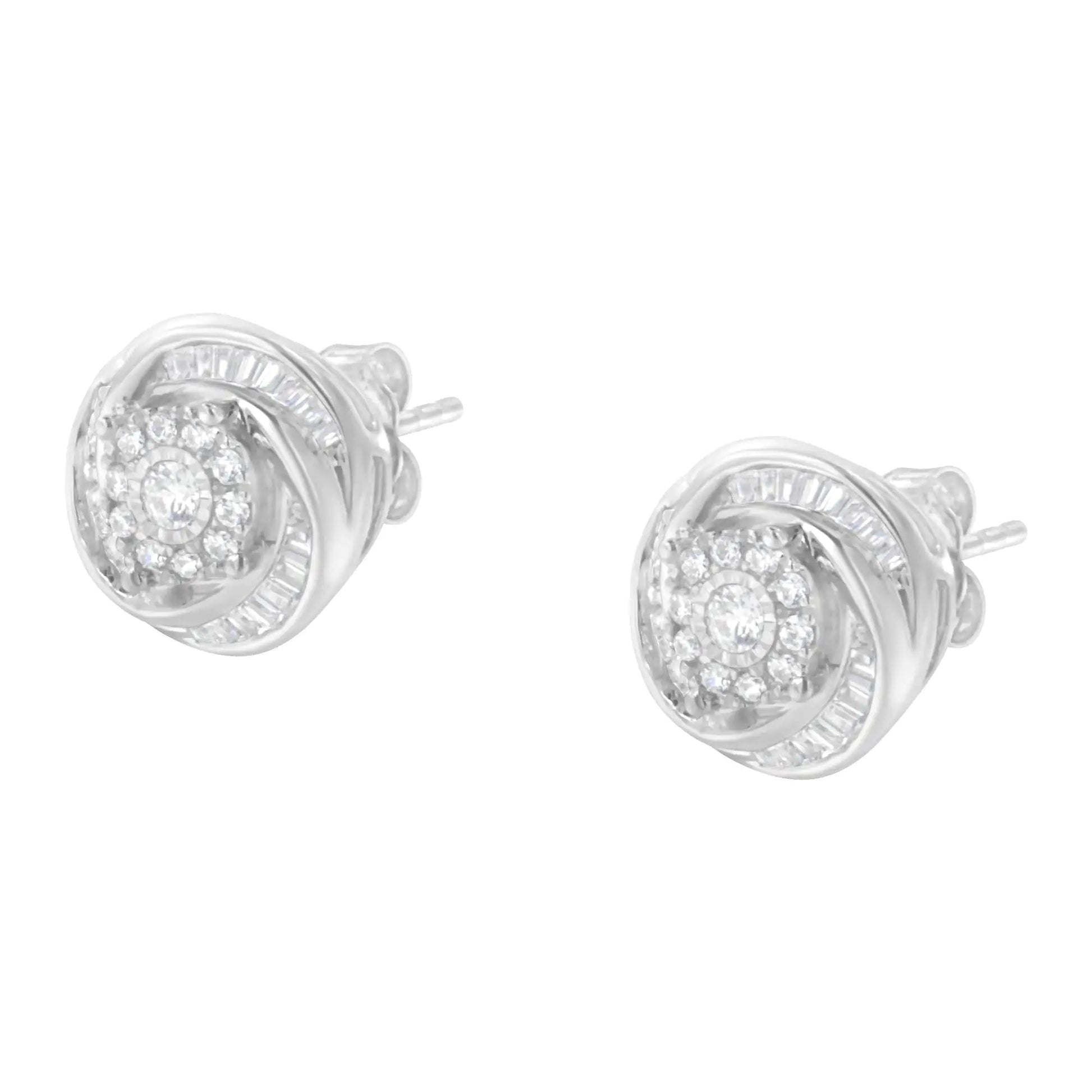 .925 Sterling Silver 3/4 Cttw Round and Baguette-Cut Diamond Love Knot Stud Earring (I-J Color, I2-I3 Clarity) WEM Support (www.WEM.support)