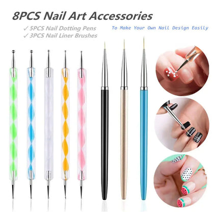 5PCS Dotting Pens with 3 PCS Nail Painting Brushes, Nail Art Design Tools My Store