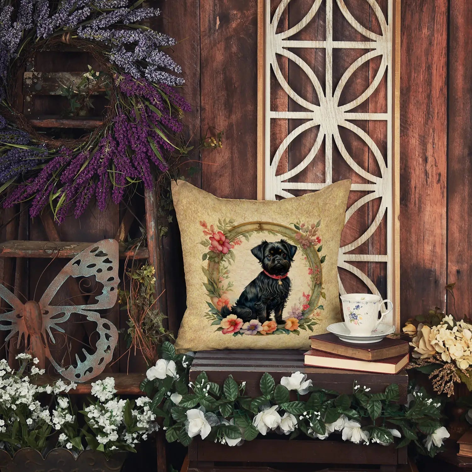 Affenpinscher and Flowers Throw Pillow WEM Support (www.WEM.support)