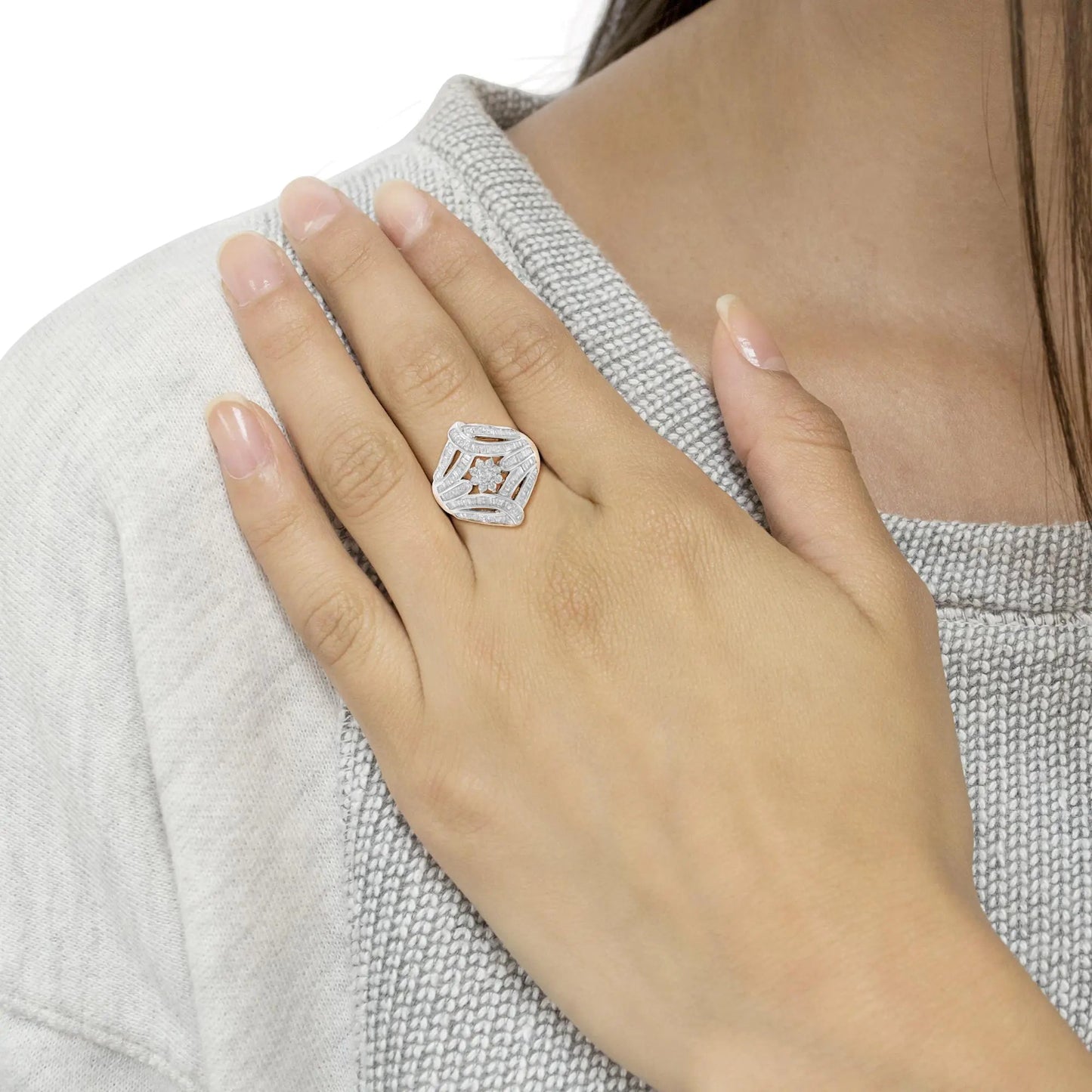 .925 Sterling Silver 1-1/8 Cttw Round & Baguette Diamond 'Flower & Fern' Cluster Cocktail Fashion Ring (I-J Color, I2-I3 Clarity) WEM Support (www.WEM.support)