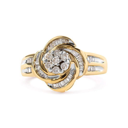 10K Yellow Gold 1/2 Cttw Round and Baguette Diamond Flower Swirl Cocktail Ring (I-J Color, SI2-I1 Clarity) WEM Support (www.WEM.support)