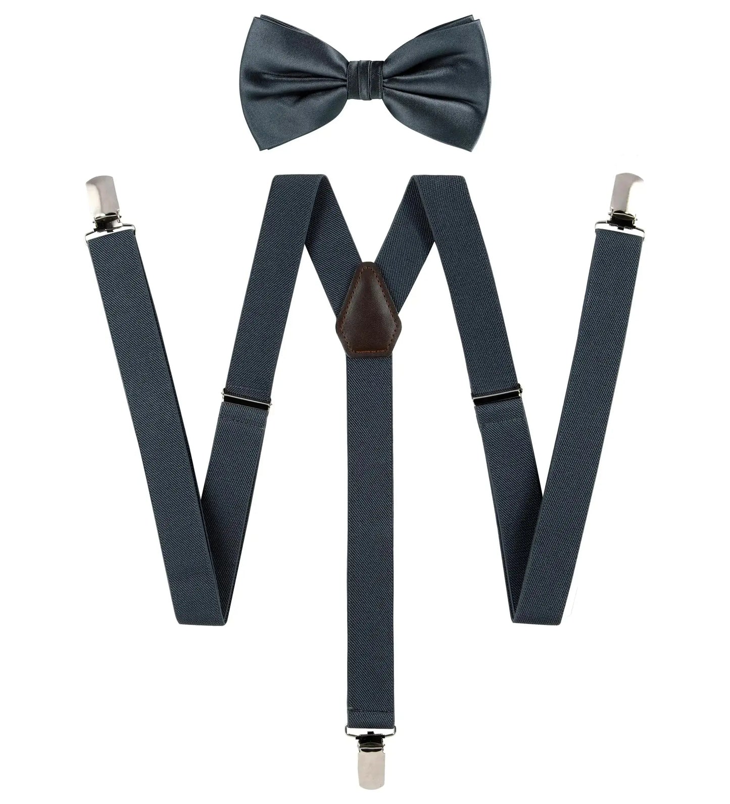 TIE G Solid Color Men's Suspender + Woven Bow Tie Set for Wedding : Vivid Color, Adjustable Brace, Strong Clip, Elastic Band Charcoal Grey My Store