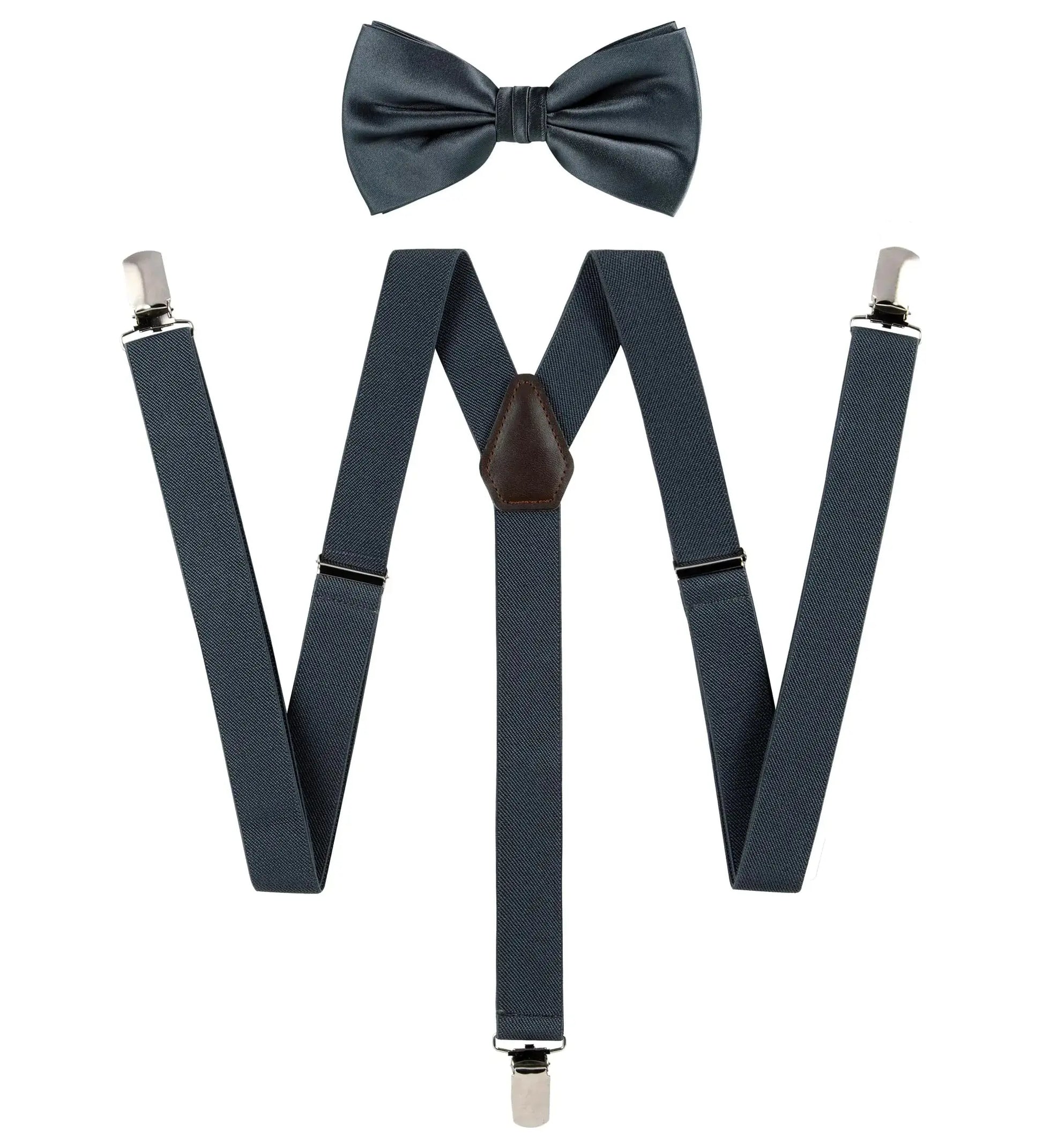 TIE G Solid Color Men's Suspender + Woven Bow Tie Set for Wedding : Vivid Color, Adjustable Brace, Strong Clip, Elastic Band Charcoal Grey My Store