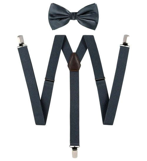 TIE G Solid Color Men's Suspender + Woven Bow Tie Set for Wedding : Vivid Color, Adjustable Brace, Strong Clip, Elastic Band Charcoal Grey My Store