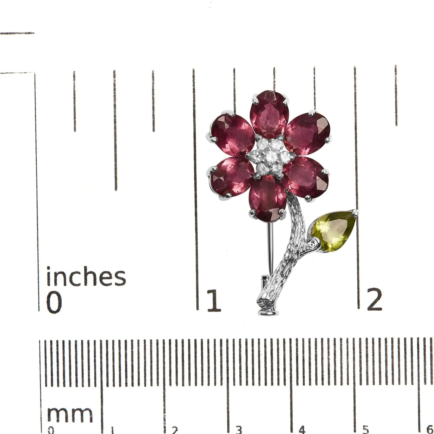 18K White Gold 1/3 Cttw Diamond, Pink Tourmaline, and Green Peridot Flower and Leaf Tulip Brooch Pin (H-I Color, VS2-SI1) WEM Support (www.WEM.support)