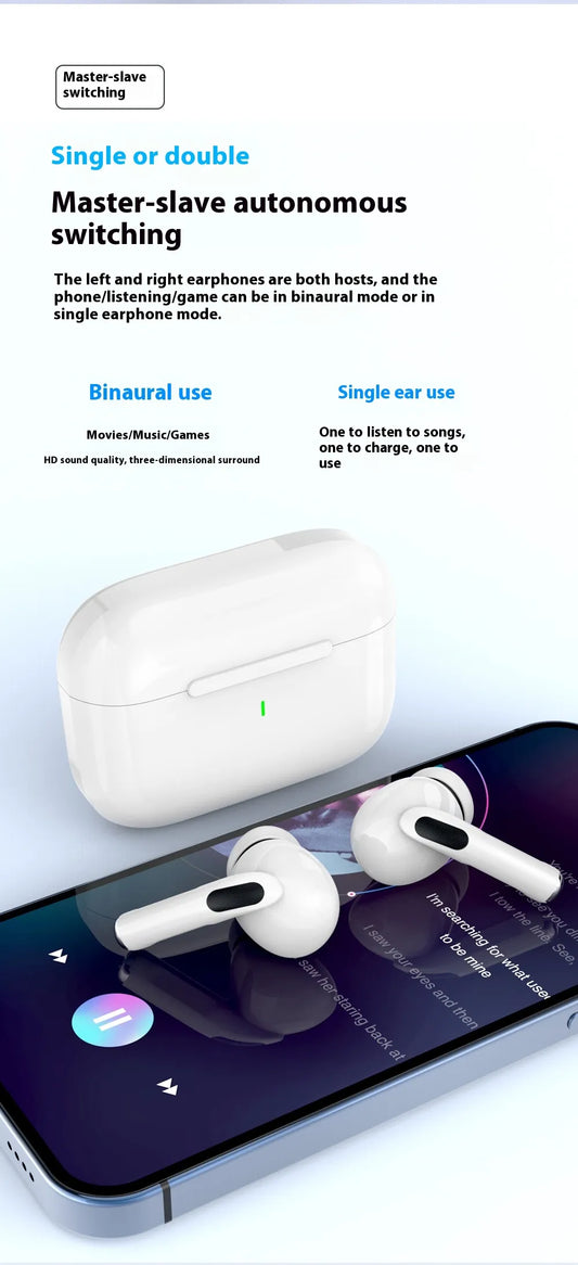 The image shows a pair of white A5 Series Bluetooth Headset in an ergonomic in-ear design, with a charging case and a smartphone, highlighting the wireless connection and battery life.