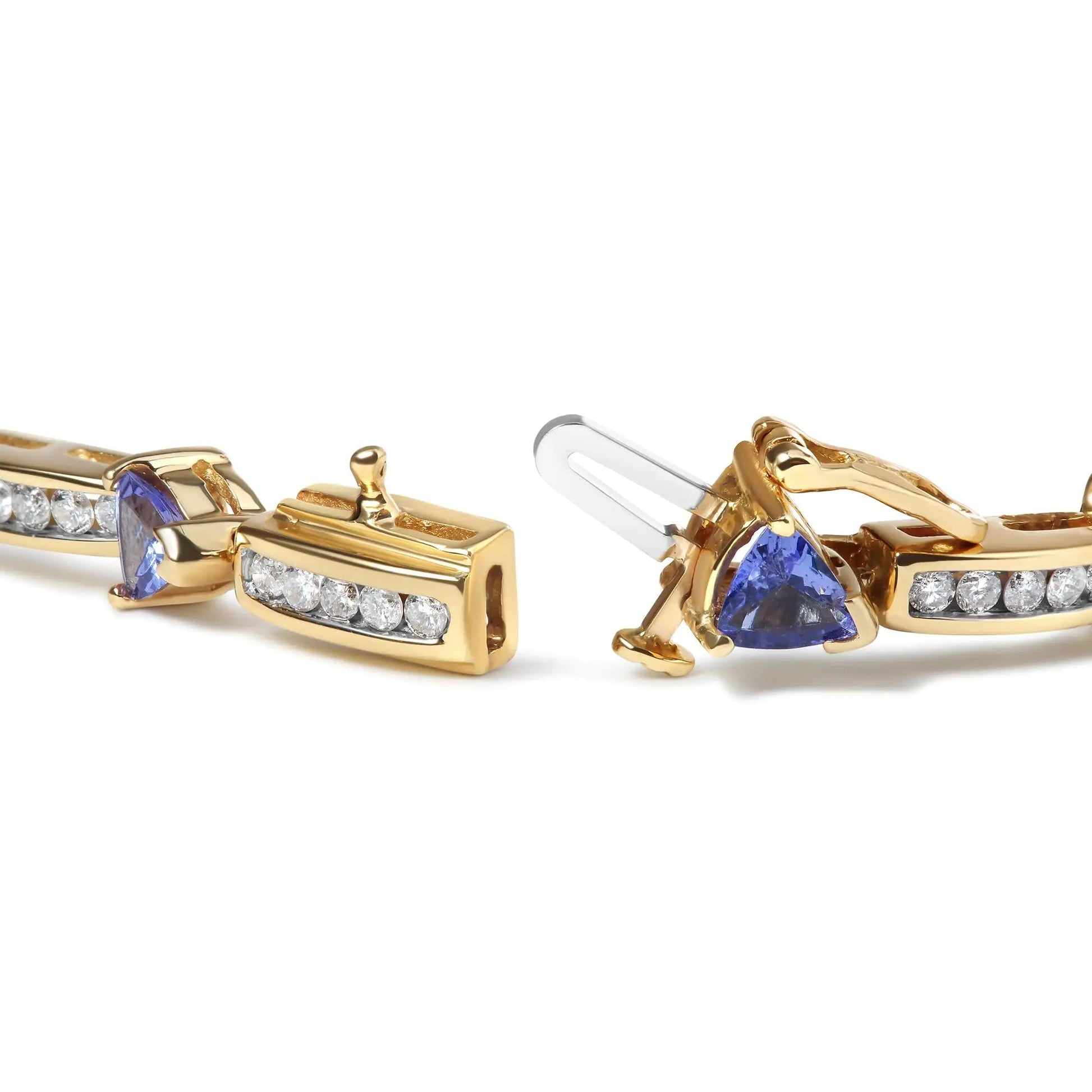14K Yellow 5MM Trillion Cut Blue Tanzanite and 1 1/10 Cttw Diamond Tennis 7" Inches Bracelet (H-I Color, I1-I2 Clarity) WEM Support (www.WEM.support)