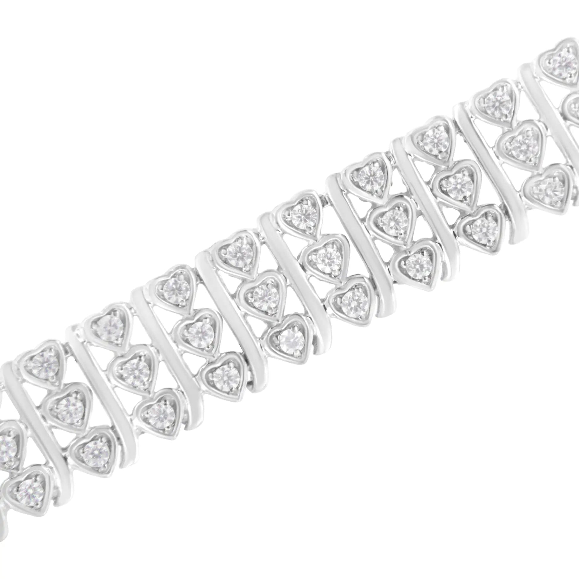 .925 Sterling Silver 1 1/2 cttw Round Diamond 3 Row Heart Link Bracelet (I-J Color,I3 Clarity) - 7.25 " WEM Support (www.WEM.support)