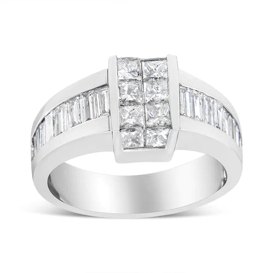 14K White Gold 2 3/4 Cttw Invisible-Set Princess and Channel-Set Baguette Diamond Step Up Cocktail Ring (G-H Color, SI1-SI2 Clarity) WEM Support (www.WEM.support)