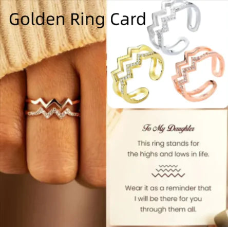 The image shows a collage of two photographs, one with a golden ring card and a written message to a daughter, and the other with a woman's hand showcasing an adjustable copper ring with heart-shaped designs, available in gold and rose gold colors.