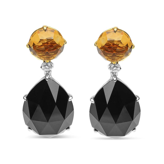 18K White and Yellow Gold 1/5 Cttw Diamond with Round Yellow Citrine and 20x15mm Pear Cut Black Onyx Gemstone Dangle Earring (G-H Color, SI1-SI2 Clarity) WEM Support (www.WEM.support)