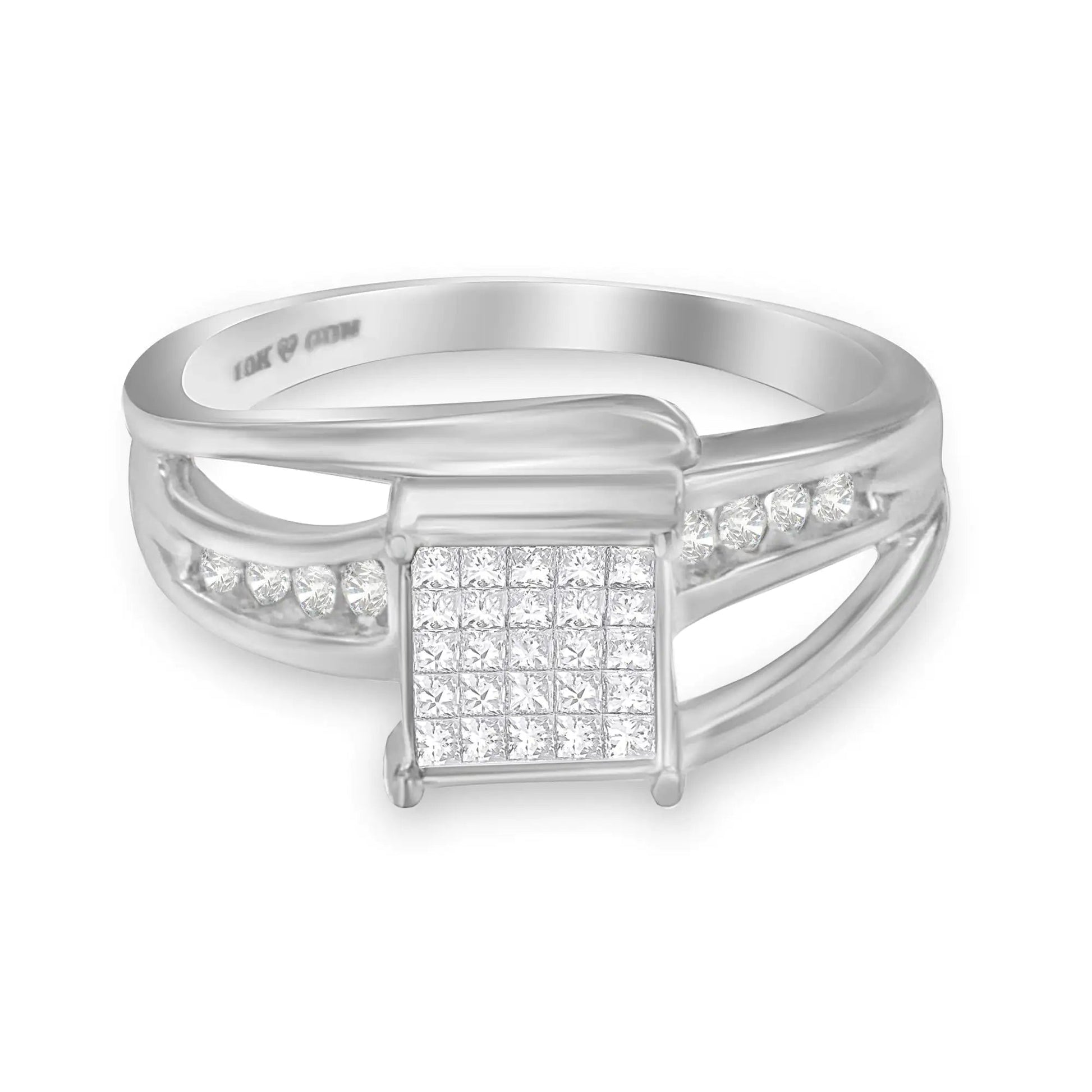 10K White Gold 1/3 Cttw Invisible Set Princess-cut Diamond Cluster Bypass Ring (H-I Color, SI1-SI2 Clarity) WEM Support (www.WEM.support)
