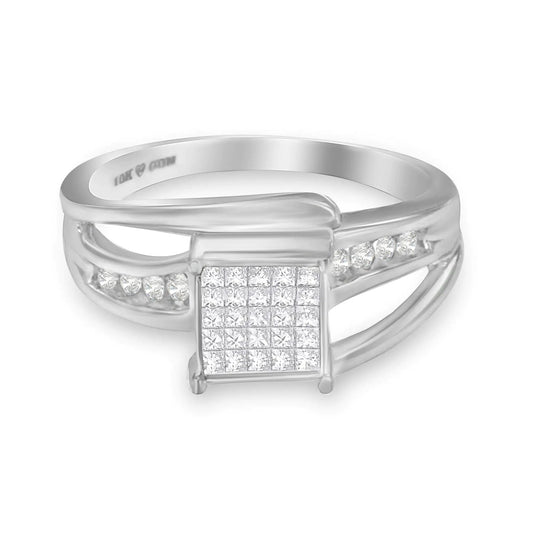 10K White Gold 1/3 Cttw Invisible Set Princess-cut Diamond Cluster Bypass Ring (H-I Color, SI1-SI2 Clarity) WEM Support (www.WEM.support)