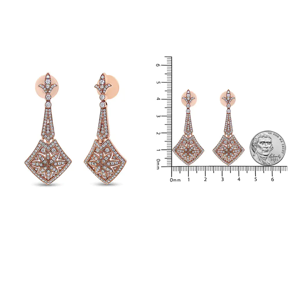 18K Rose Gold 1 1/3 Cttw Diamond Studded Fleur De Lis Trellis Style Drop and Dangle Earring (F-G Color, VS1-VS2 Clarity) WEM Support (www.WEM.support)
