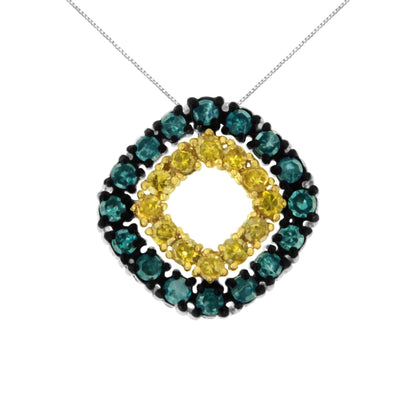 .925 Sterling Silver 1/2 Cttw Treated Blue and Yellow Diamond Double Square 18" Pendant Necklace (Blue/Yellow Color, I2-I3 Clarity) WEM Support (www.WEM.support)