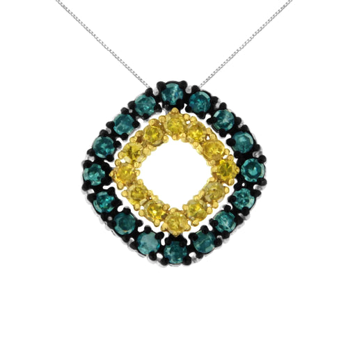 .925 Sterling Silver 1/2 Cttw Treated Blue and Yellow Diamond Double Square 18" Pendant Necklace (Blue/Yellow Color, I2-I3 Clarity) WEM Support (www.WEM.support)