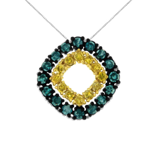 .925 Sterling Silver 1/2 Cttw Treated Blue and Yellow Diamond Double Square 18" Pendant Necklace (Blue/Yellow Color, I2-I3 Clarity) WEM Support (www.WEM.support)