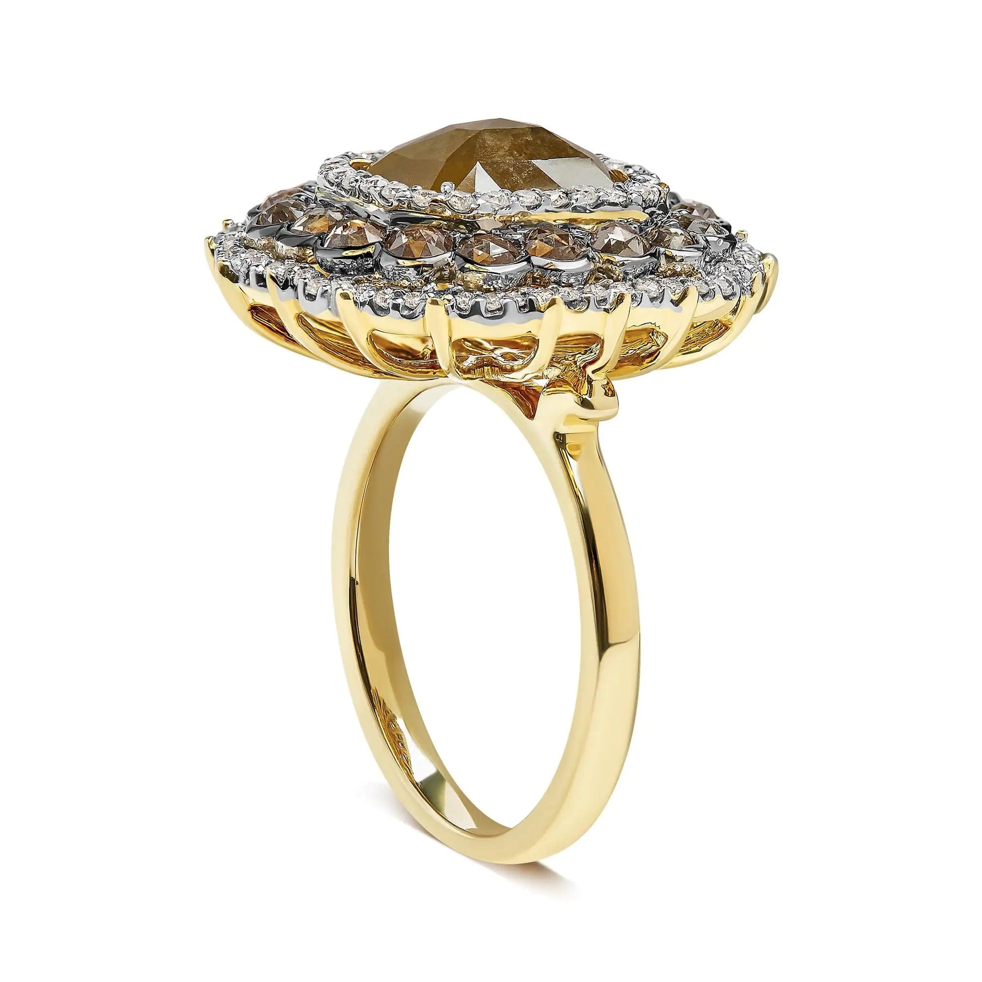 14K Yellow Gold 4 1/4 Cttw Rose Cut Emerald Diamond Triple Halo Cocktail Ring (Fancy Color, I1-I2 Clarity) - Size 7 WEM Support (www.WEM.support)
