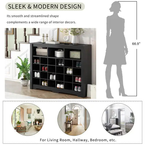 Stylish Design 24 Shoe Cabinet Console, Modern Shoe Cabinet With Curved Base, Multifunctional Sideboard, High Quality, For Corridor, Bedroom, Living Room, Black WEM Support (www.WEM.support)