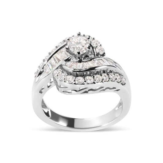 14K White Gold 1.00 Cttw Round and Baguette cut Diamond Swirl Cocktail Ring (H-I Color, SI2-I1 Clarity) WEM Support (www.WEM.support)