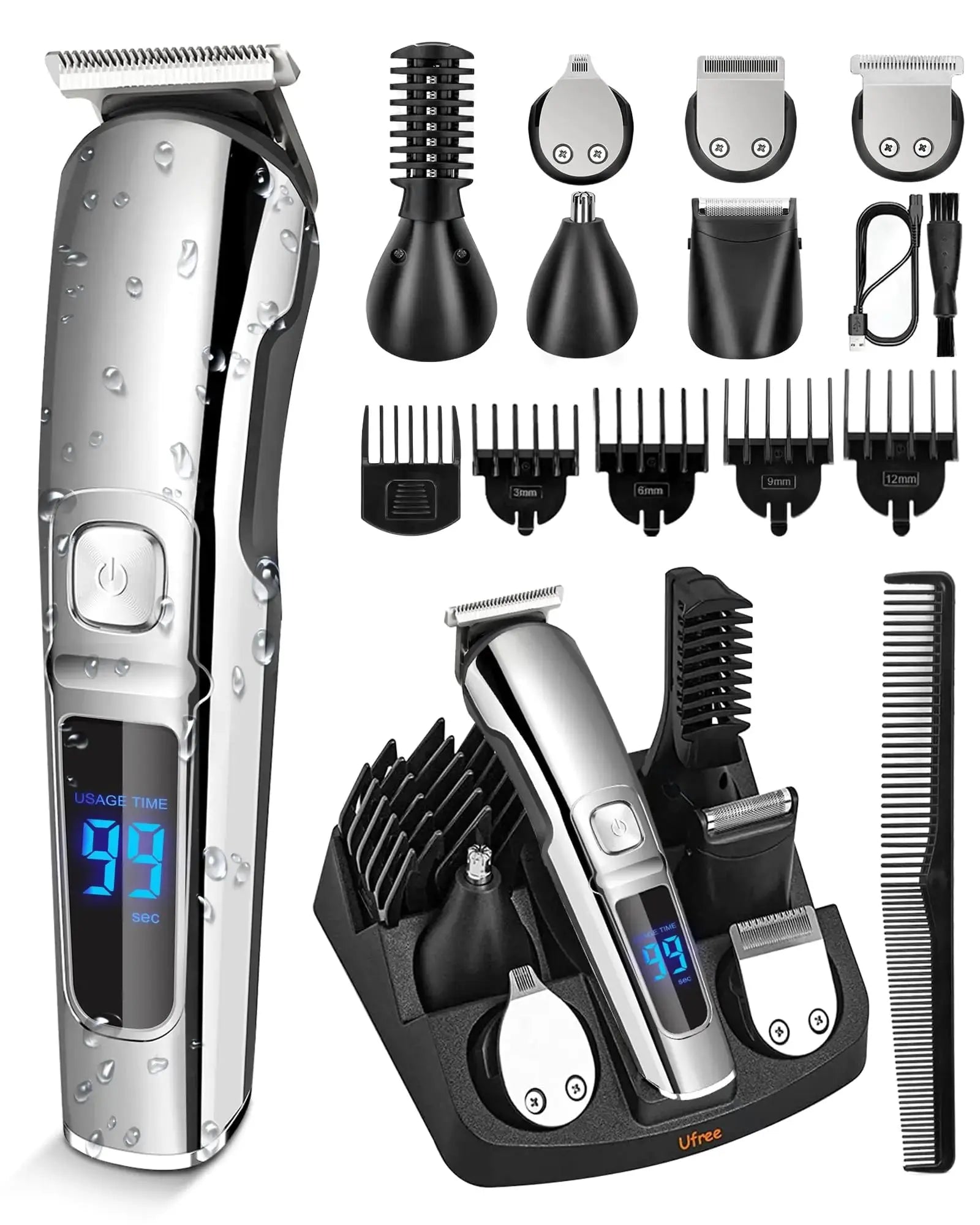 Ufree Beard Trimmer for Men, Waterproof Electric Razor for Nose, Body, Face and Mustache, Cordless Hair Clippers Shavers for Men Grooming Kit, Gifts for Men Husband Father Silver My Store