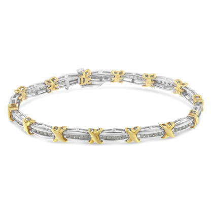 Two-Tone 10K Yellow Gold over .925 Sterling Silver 1.0 Cttw Diamond Channel Set Tapered & X-Link 7" Tennis Bracelet (H-I Color, I2-I3 Clarity) WEM Support (www.WEM.support)