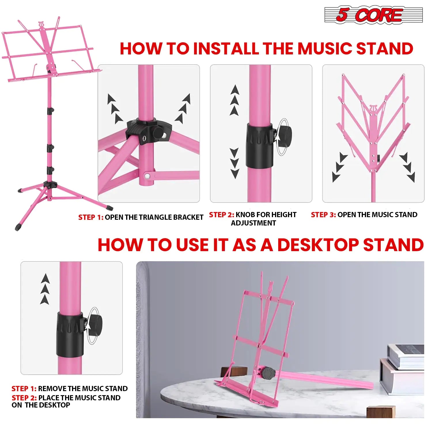 Suporte de Música 5Core para Partituras, Portátil, Tripé Ajustável, Dobrável, Porta-Notas, Rosa Intenso WEM Support (www.WEM.support)
