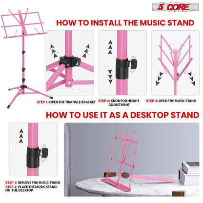Suporte de Música 5Core para Partituras, Portátil, Tripé Ajustável, Dobrável, Porta-Notas, Rosa Intenso WEM Support (www.WEM.support)