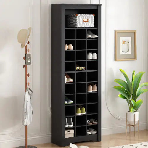 Stylish Design 30 Shoe Cabinet Console, Modern Shoe Cabinet, Multiple Storage Capacity, Self-standing High Cabinet, Suitable For Hallway, Bedroom, Black WEM Support (www.WEM.support)