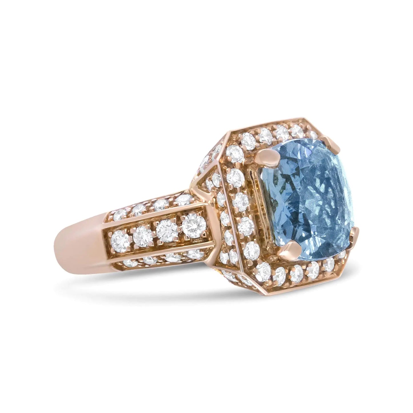 18K Rose Gold 10x10mm Cushion Shaped Aquamarine and 1 1/8 Cttw Round Diamond Halo Ring (F-G Color, VS1-VS2 Clarity) WEM Support (www.WEM.support)