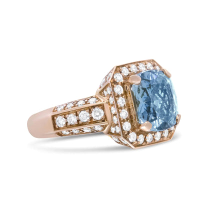 18K Rose Gold 10x10mm Cushion Shaped Aquamarine and 1 1/8 Cttw Round Diamond Halo Ring (F-G Color, VS1-VS2 Clarity) WEM Support (www.WEM.support)