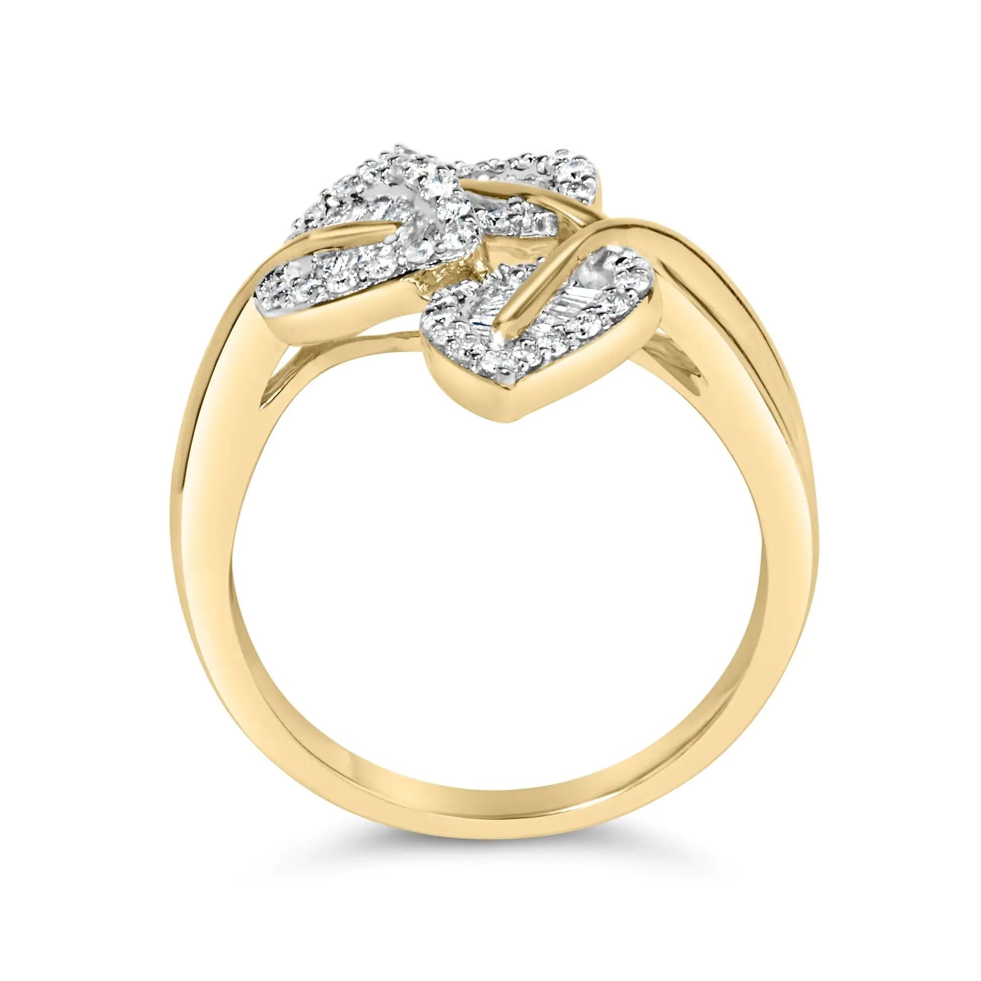 10k Yellow and White Gold 1/2 Cttw Baguette and Round Diamond Bypass Triple Leaf Ring (I-J Color, I1-I2 Clarity) WEM Support (www.WEM.support)
