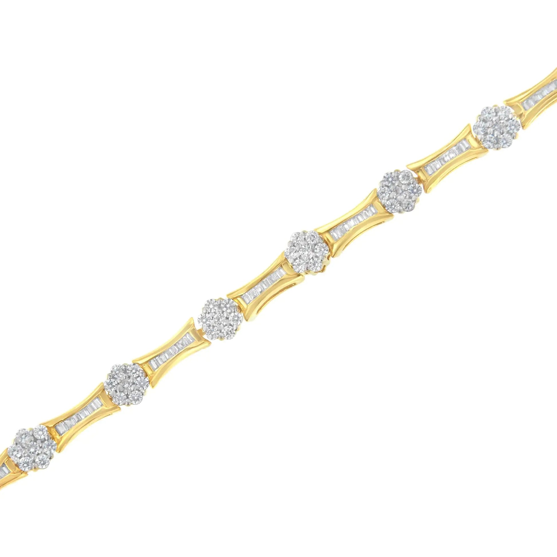 10K Yellow and White Gold 2.00 cttw Round and Baguette-Cut Diamond Link Bracelet (I-J Color, I2-I3 Clarity) - Size 7.25" WEM Support (www.WEM.support)