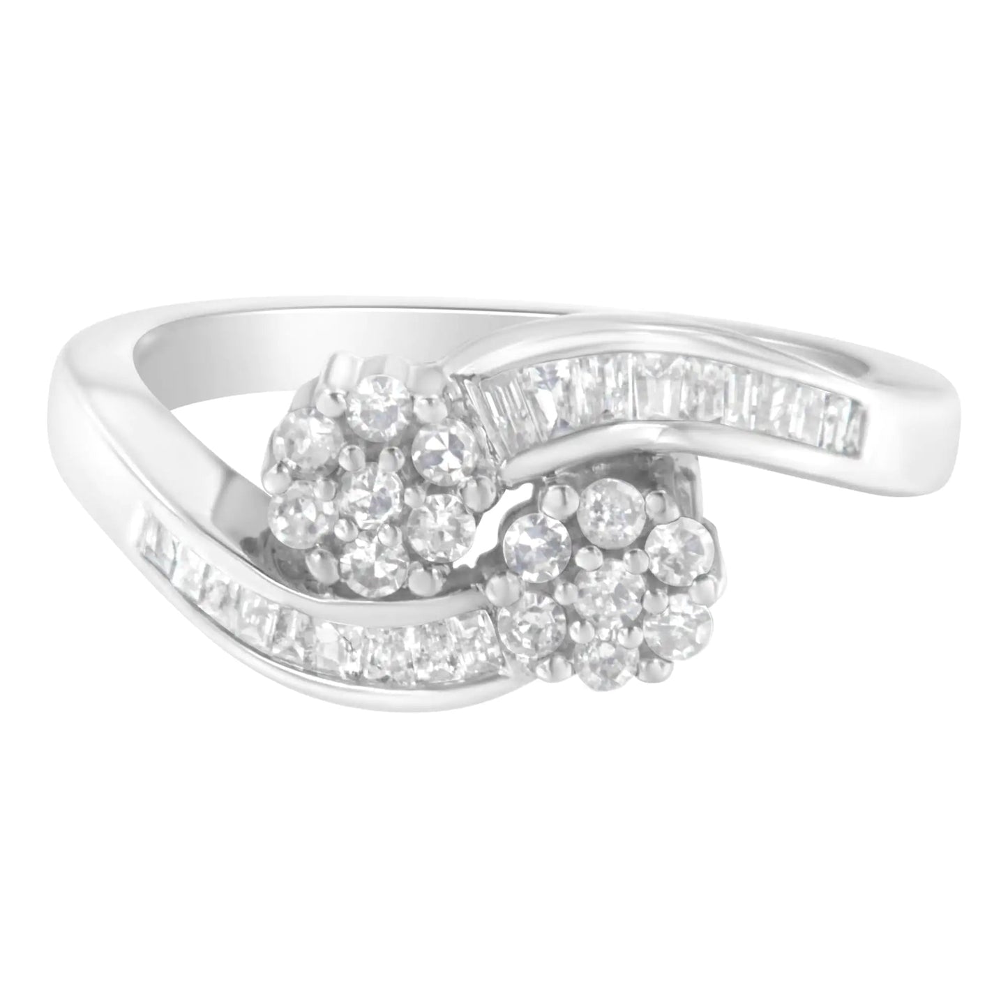 14K White Gold Round and Baguette Diamond Bypass Ring (1/2 cttw, H-I Color, I1-I2 Clarity) WEM Support (www.WEM.support)