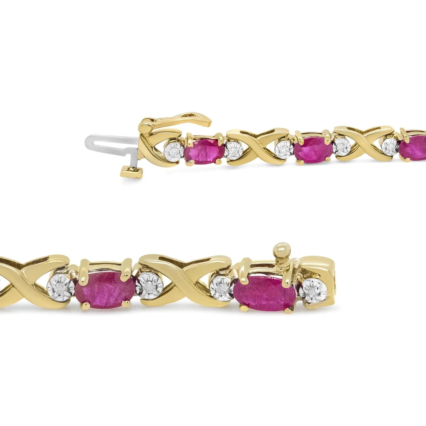 14K Yellow Gold 1/4 Cttw Diamond and Oval Red Ruby Alternating X Link Bracelet (I-J Color, I3 Clarity) WEM Support (www.WEM.support)