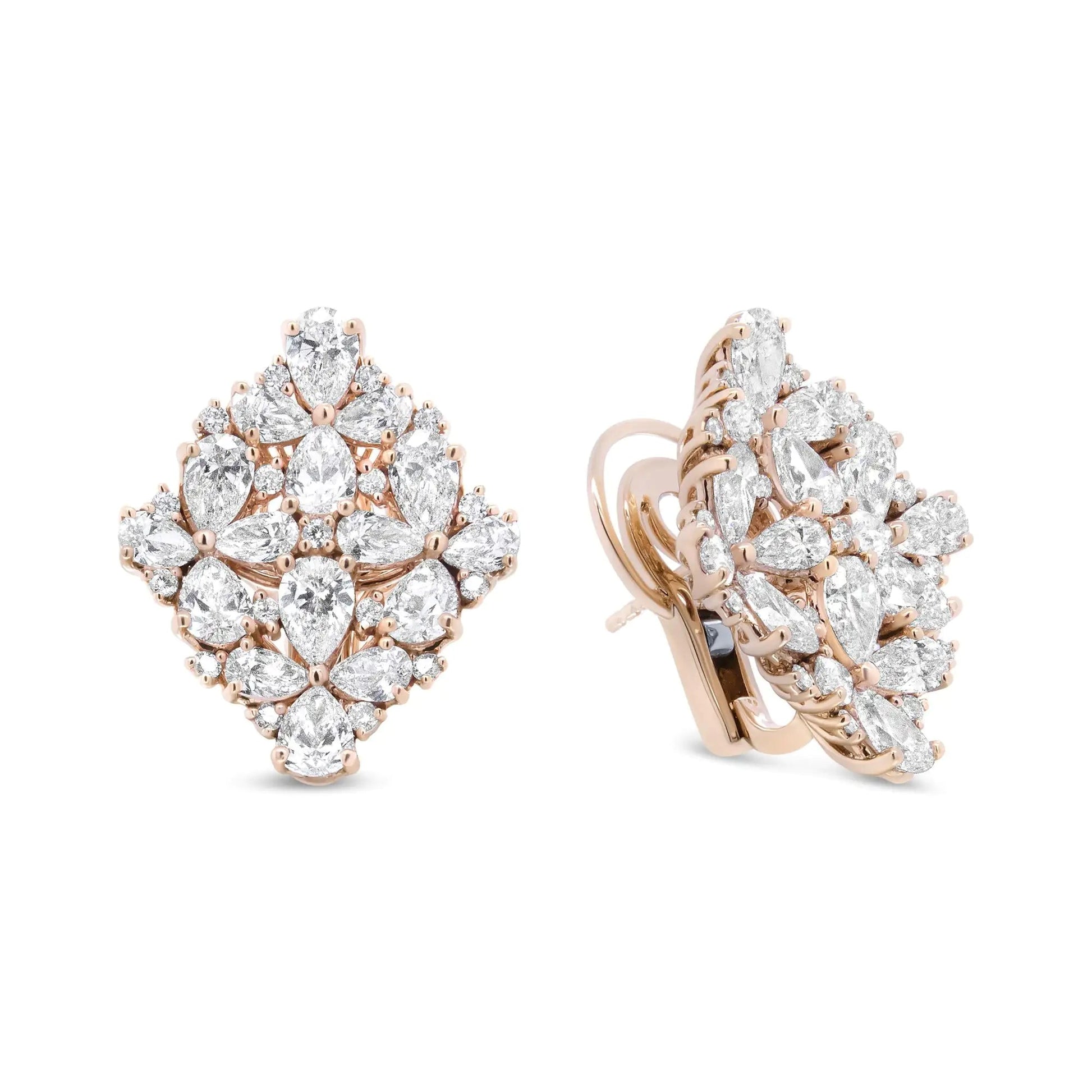 18K Rose Gold 8 1/3 Cttw Pear and Round Diamond Floral Cluster Omega Earrings (F-G Color, VS1-VS2 Clarity) WEM Support (www.WEM.support)