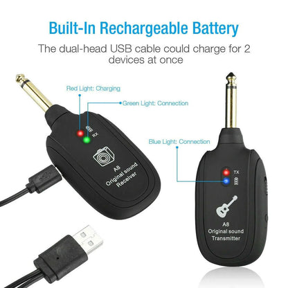 UHF Guitar Wireless System Transmitter+Receiver Built In Rechargeable Battery WEM Support (www.WEM.support)