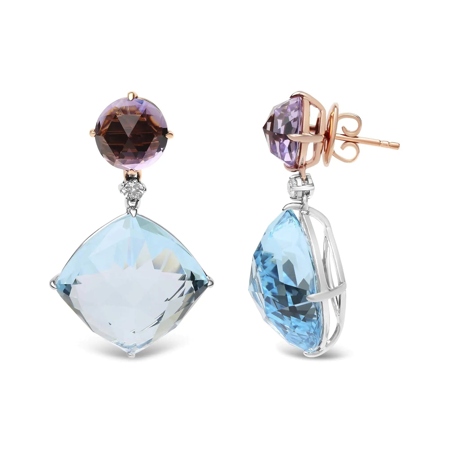 18K White and Rose Gold 1/5 Cttw Diamond with Round Pink Rose De France Amethyst and 25mm Cushion Cut Sky Blue Topaz Gemstone Dangle Earring (G-H Color, SI1-SI2 Clarity) WEM Support (www.WEM.support)