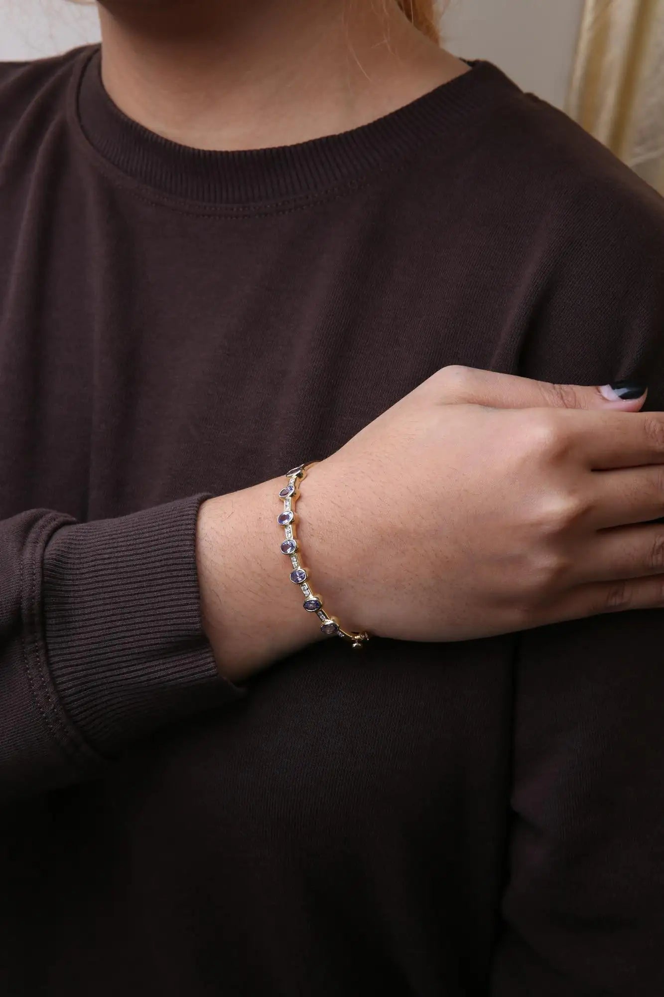 14K Yellow Gold 1/3 Cttw Round-Cut Diamond and 5MM Oval-Cut Blue Tanzanite Gemstone Bangle Bracelet (H-I Color, I1-I2 Clarity) - Size 7" Inches WEM Support (www.WEM.support)