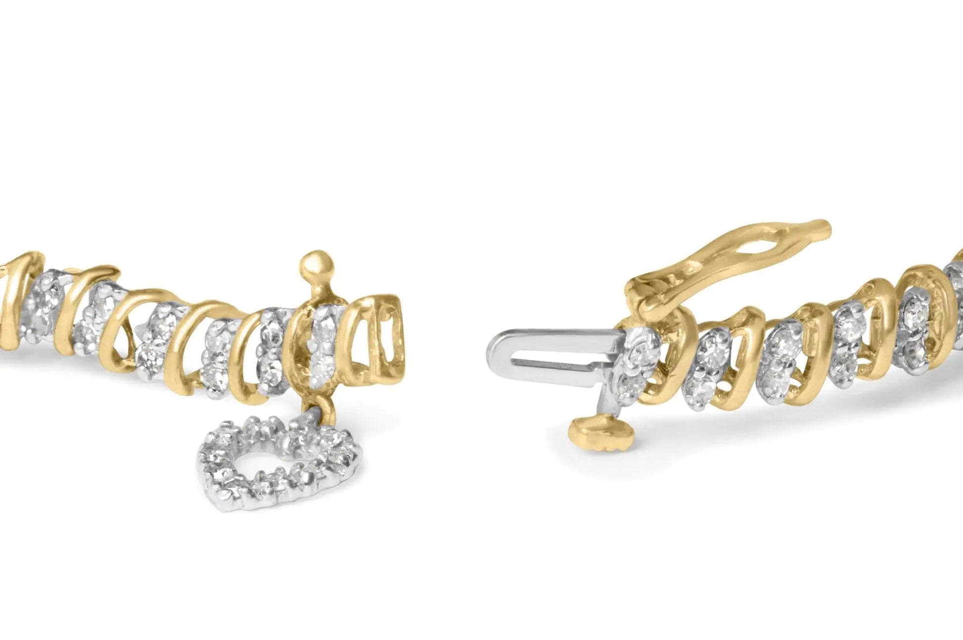 10K Yellow Gold 2.0 Cttw Diamond 2 Row Link and Heart Charm 7" Link Bracelet (I-J Color, I3 Clarity) WEM Support (www.WEM.support)