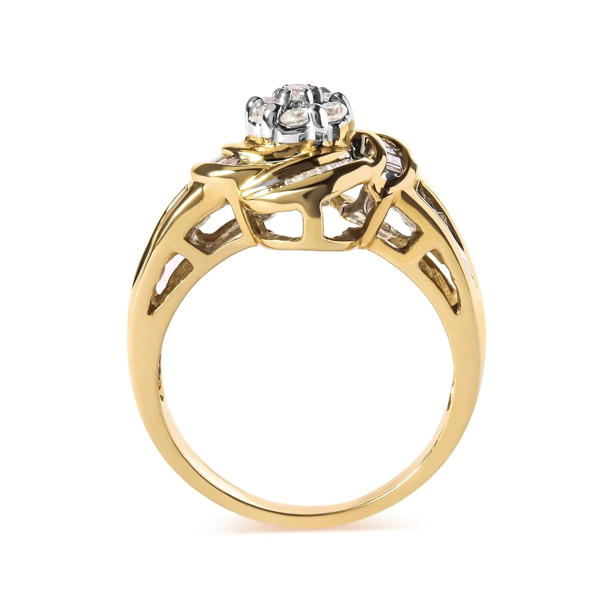 10K Yellow Gold 1/2 Cttw Round and Baguette Diamond Flower Swirl Cocktail Ring (I-J Color, SI2-I1 Clarity) WEM Support (www.WEM.support)