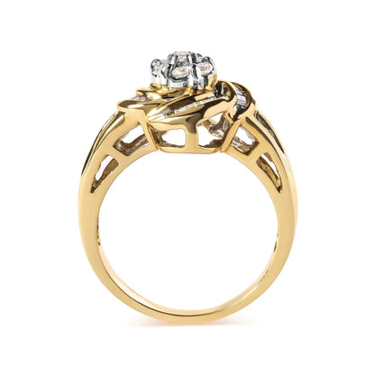 10K Yellow Gold 1/2 Cttw Round and Baguette Diamond Flower Swirl Cocktail Ring (I-J Color, SI2-I1 Clarity) WEM Support (www.WEM.support)