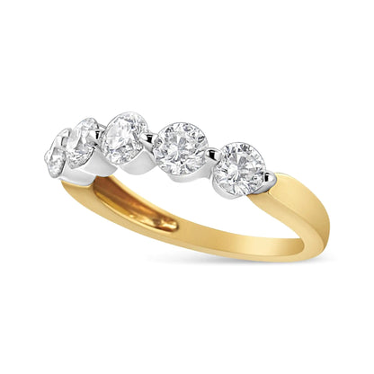 14K White and Yellow Gold 1 1/2 Cttw 2 Prong Cup Set Round-Cut Diamond 5 Stone Ring Band (H-I Color, SI2-I1 Clarity) WEM Support (www.WEM.support)