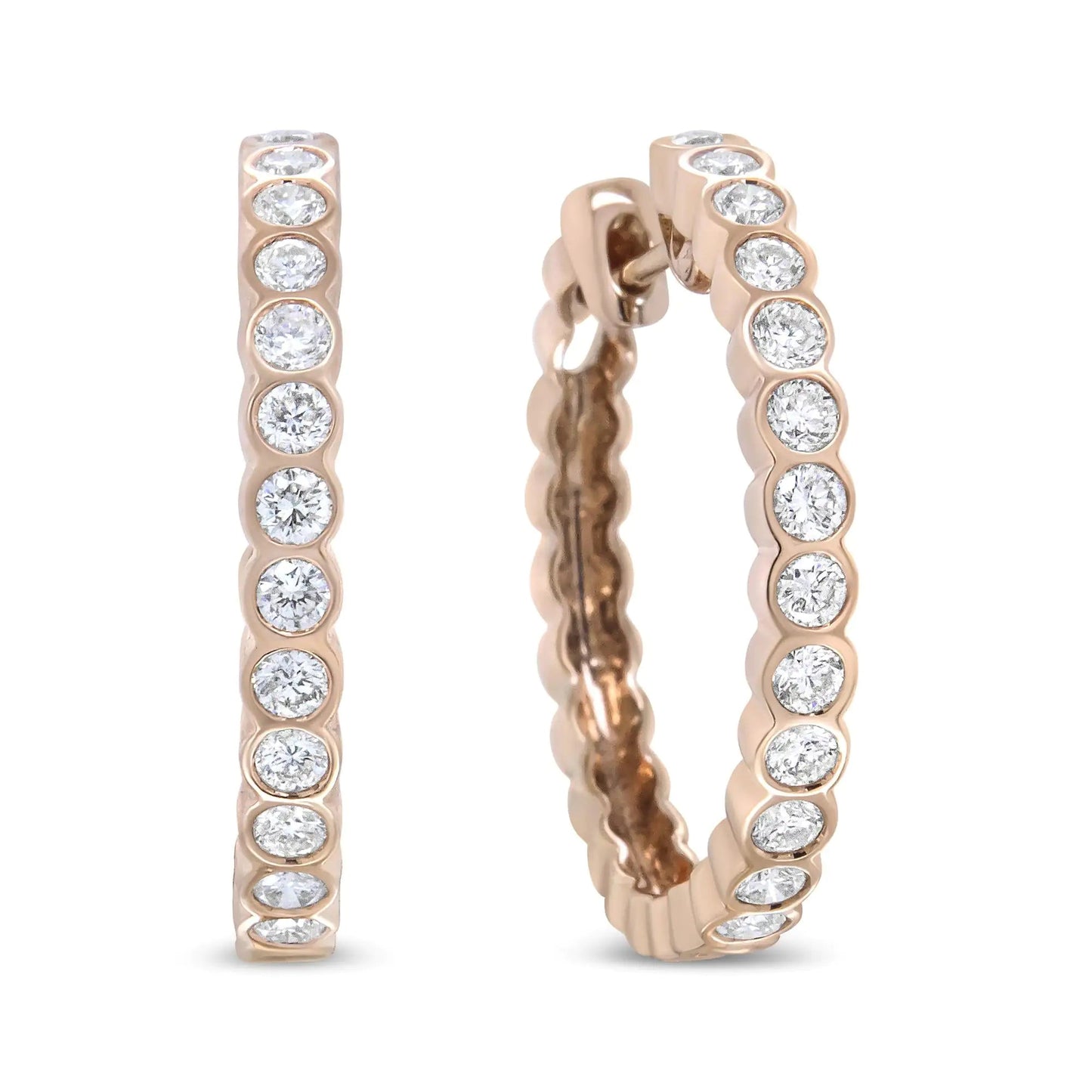 18K Rose Gold 1 Cttw Round Bezel-Set Diamond Hoop Earrings (F-G Color, VS1-VS2 Clarity) WEM Support (www.WEM.support)