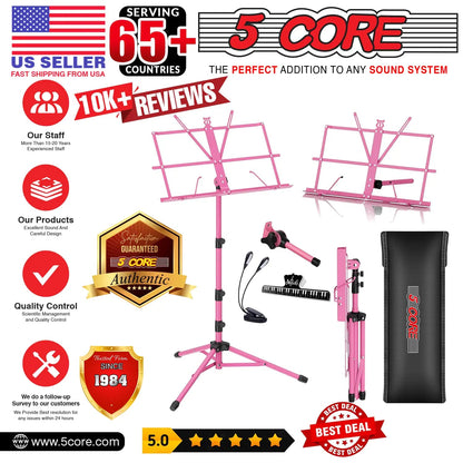 Suporte de Música 5Core para Partituras, Portátil, Tripé Ajustável, Dobrável, com Porta-Partituras e Luz, Rosa WEM Support (www.WEM.support)