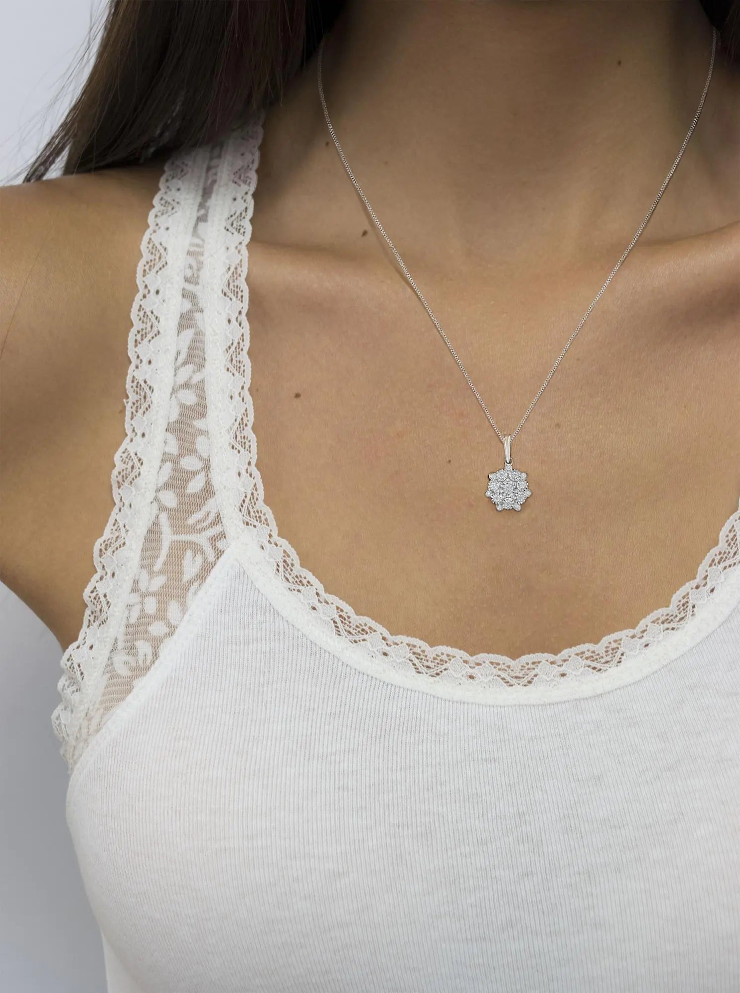 .925 Sterling Silver 1/4 Cttw Miracle Set Diamond Floral Cluster 18" Pendant Necklace for Women (I-J Color, I1-I2 Clarity) WEM Support (www.WEM.support)