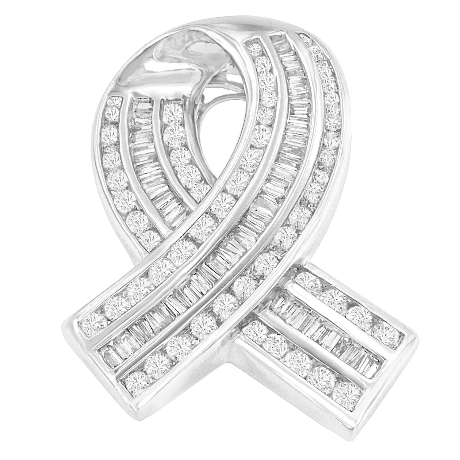 14K White Gold 2 5/8 Cttw Channel Set Round and Baguette Diamond Awareness Ribbon Pendant (H-I Color, I1-I2 Clarity) - Chain Not Included WEM Support (www.WEM.support)