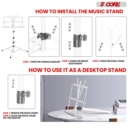 Suporte de Música 5Core para Partituras Portátil Tripé Ajustável Dobrável com Luz Branca WEM Support (www.WEM.support)