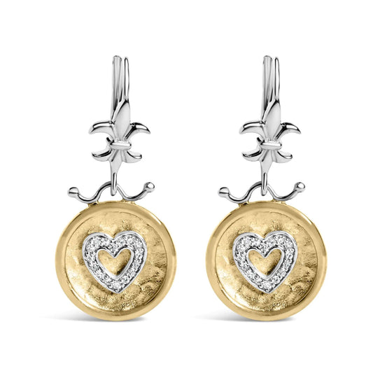 18K Yellow Gold Plated .925 Sterling Silver 1/8 Cttw Diamond Hammered Finished Medallion Heart Drop and Dangle Earrings (I-J Color, SI1-SI2 Clarity) WEM Support (www.WEM.support)